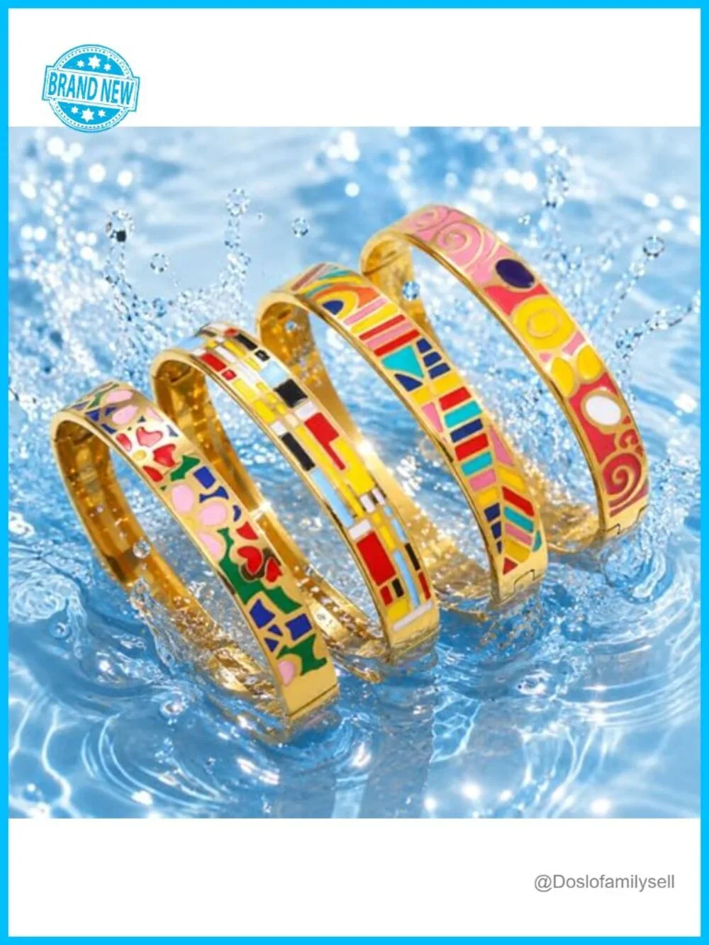 4Pcs 18K Gold Plated Stainless Steel Floral Enamel Bangle Bracelets Stackable